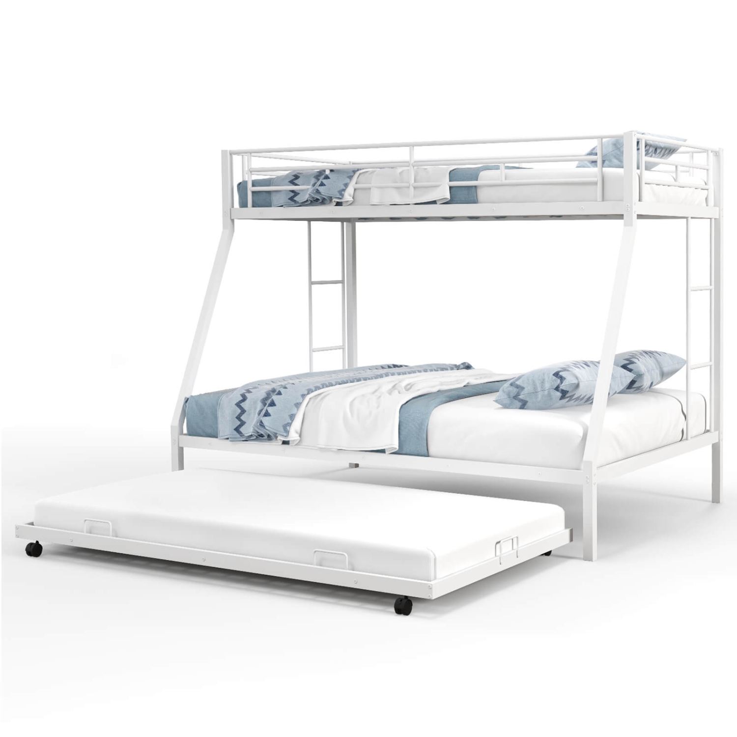 Costway Twin Over Full Metal Slats Bunk Bed Frame with Trundle, Guard Rail & Ladders
