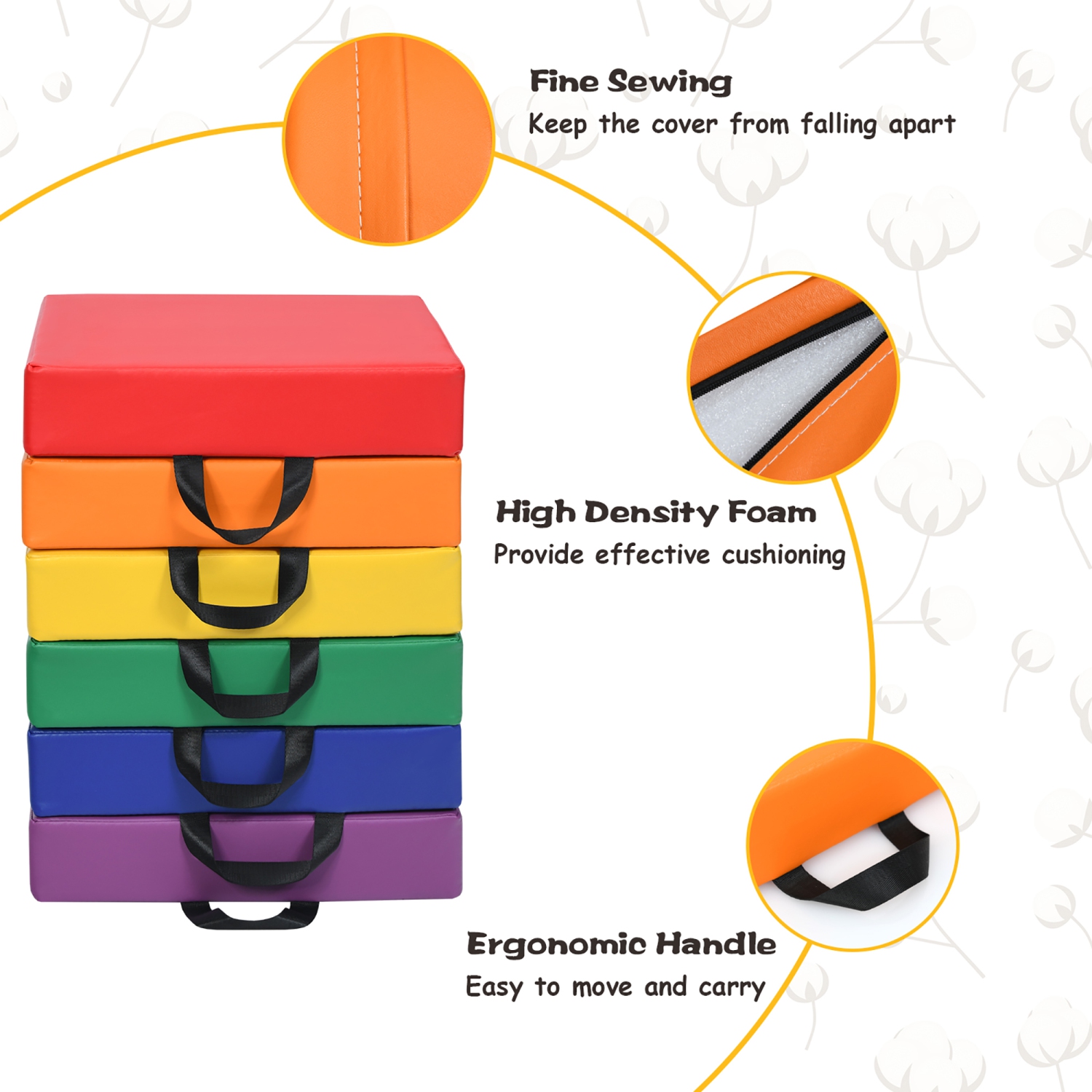 Ensemble de 6 coussins de plancher carrés de 15 po de Costway pour tout-petits, siège souple en mousse avec poignées
