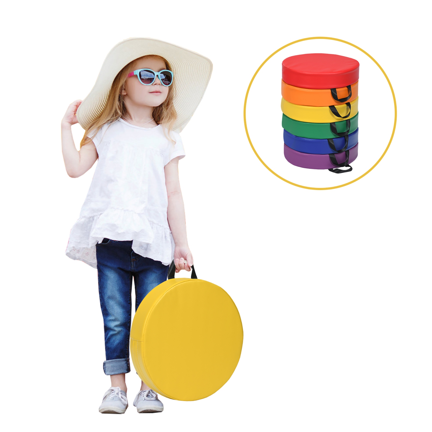 Ensemble de 6 coussins de plancher ronds pour tout-petits de 15 po de Costway pour salle de classe avec poignées