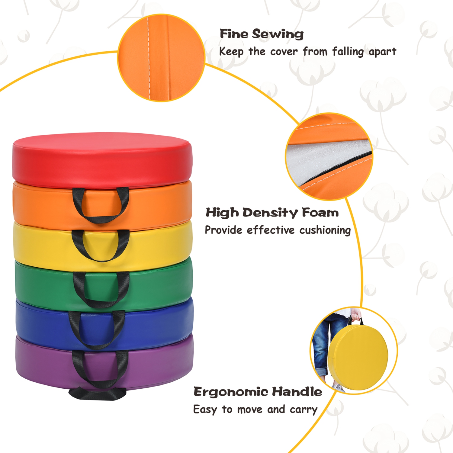 Ensemble de 6 coussins de plancher ronds pour tout-petits de 15 po de Costway pour salle de classe avec poignées