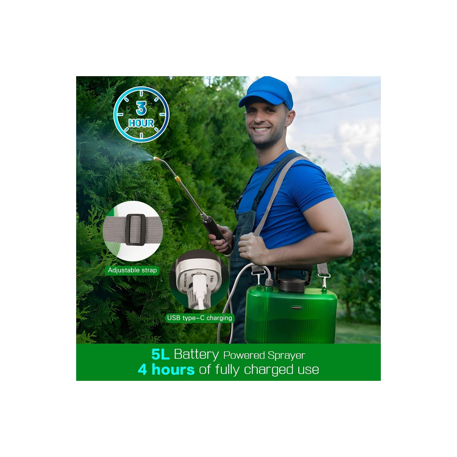 Pompe portative de pulvérisateur à piles 5 L de 1,35 gallons pour plantes de jardin d'axGear