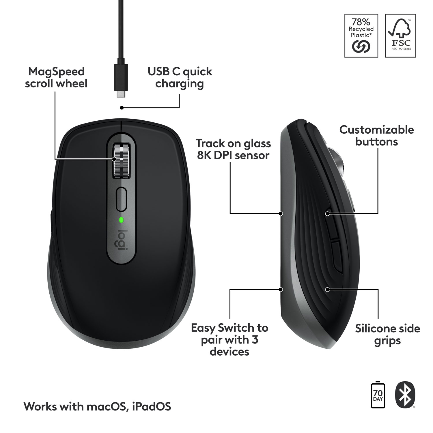 Logitech MX Anywhere 3S 8000 DPI Bluetooth Darkfield Mouse for MacOS/iPads - Space Grey