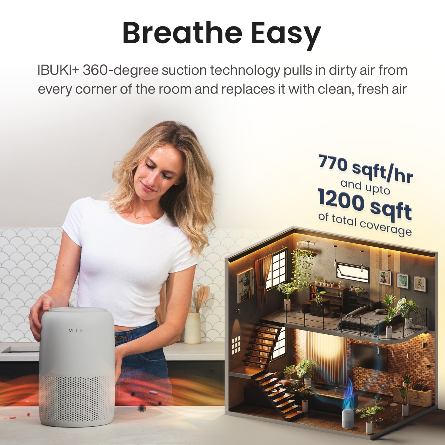 Miko HEPA Smart Air Purifier up to 770 Sqft - App Controlled - Grey