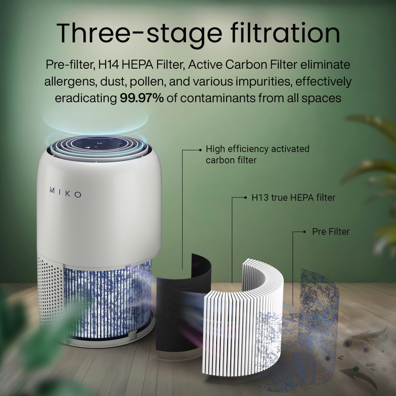 Miko HEPA Smart Air Purifier up to 770 Sqft - App Controlled - Grey
