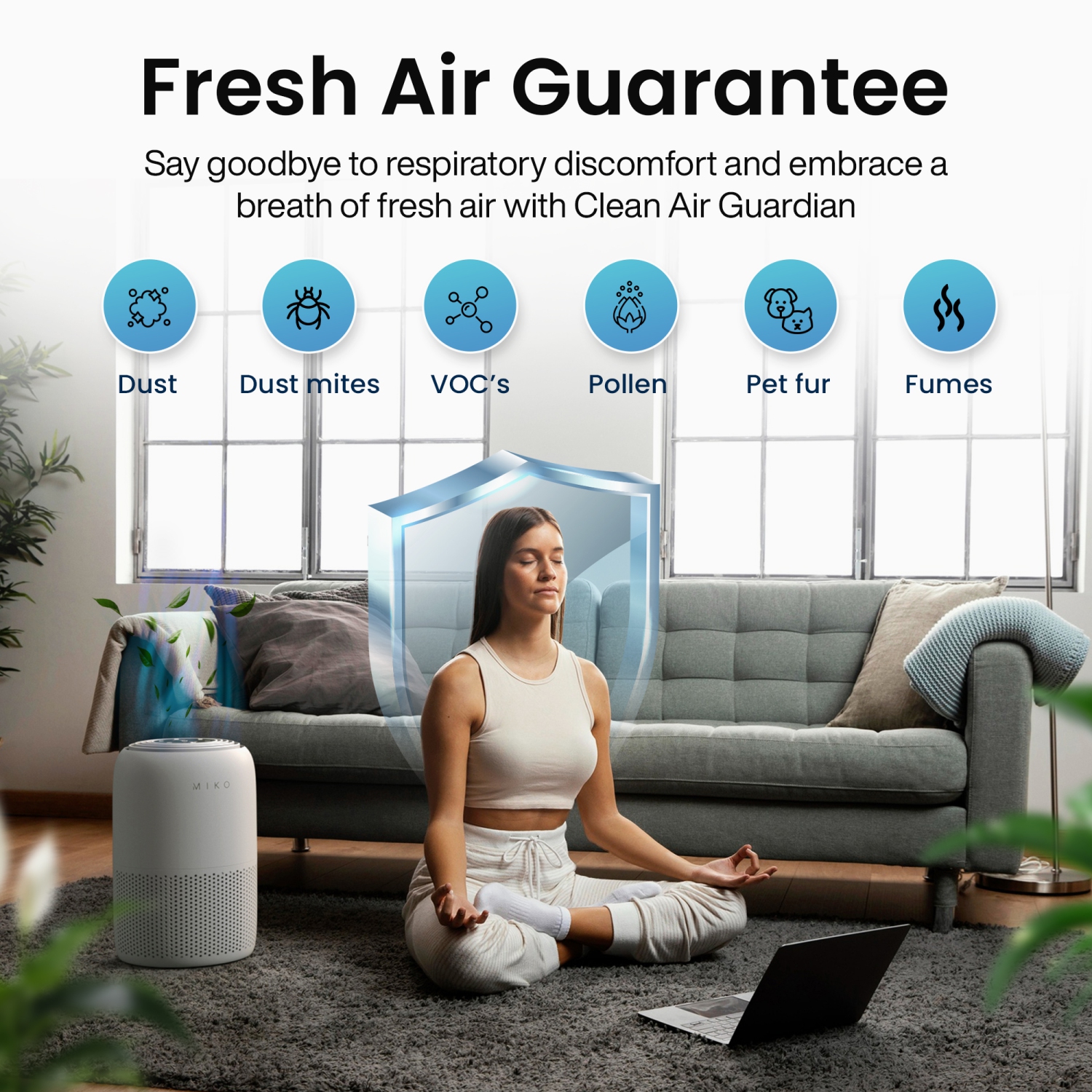 Miko HEPA Smart Air Purifier up to 770 Sqft - App Controlled - Grey