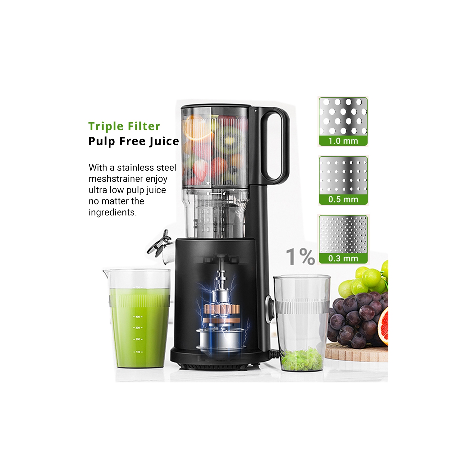 Centrifugeuse auto-alimentation à froid de 5,2 po, fruits et légumes entiers mains libres , filtre triple pour haut rendement, faible pulpe