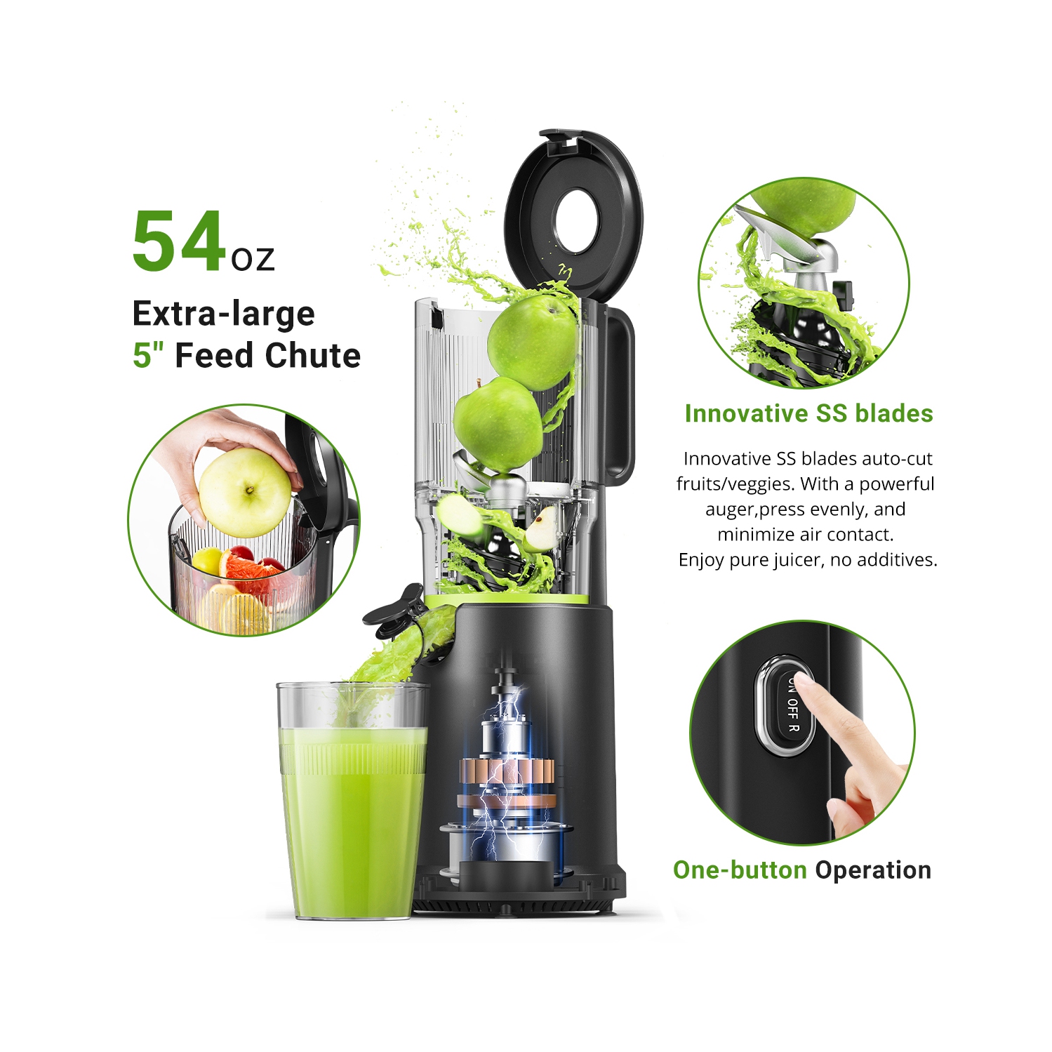 Centrifugeuse auto-alimentation à froid de 5,2 po, fruits et légumes entiers mains libres , filtre triple pour haut rendement, faible pulpe