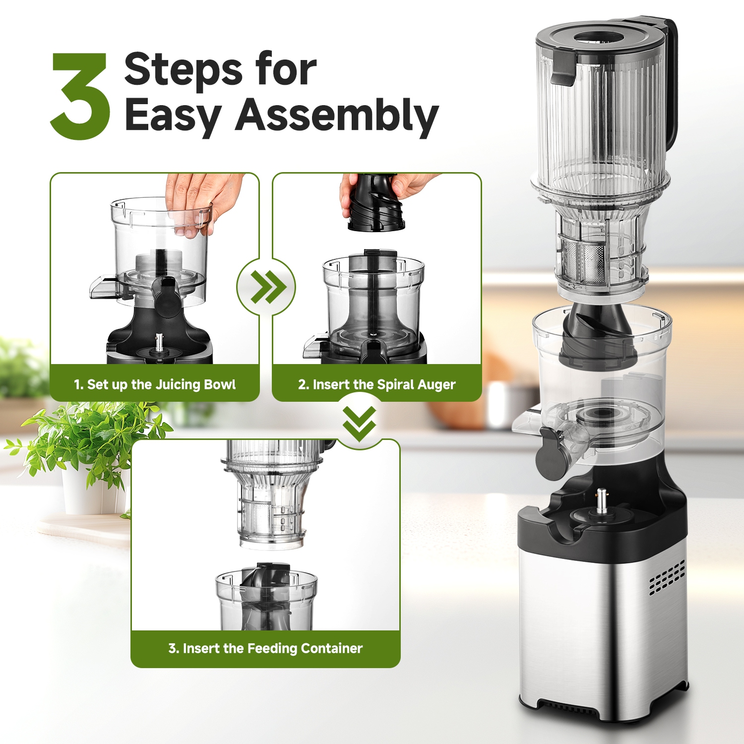 Extracteur à jus à froid à goulotte large de 4,6&nbsp;po, mastication de fruits entiers, acier inoxydable, grande tarière et deux tampons, facile à