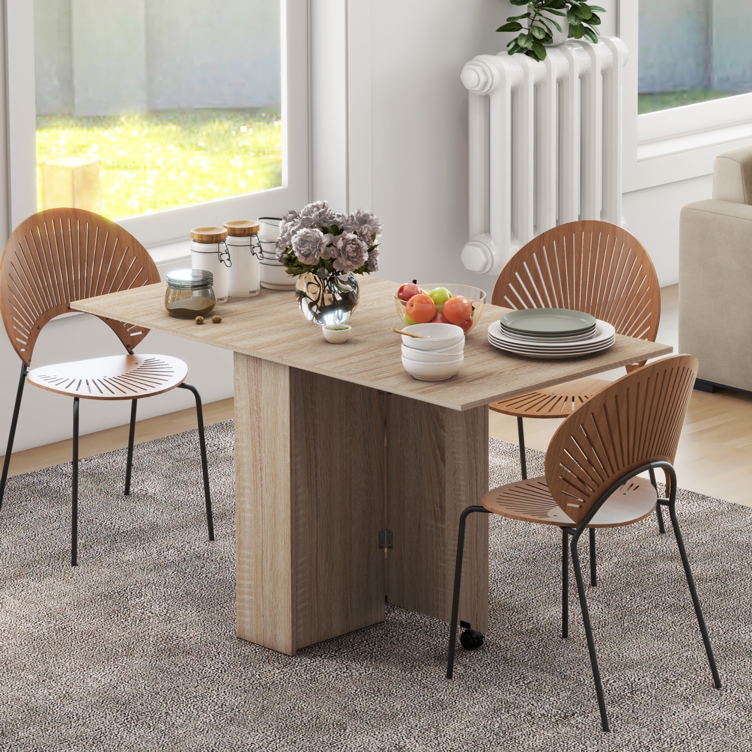 Table pliante HOMCOM, table à abattant pour petits espaces avec 2 tablettes, petite table de cuisine avec roulettes, bois naturel