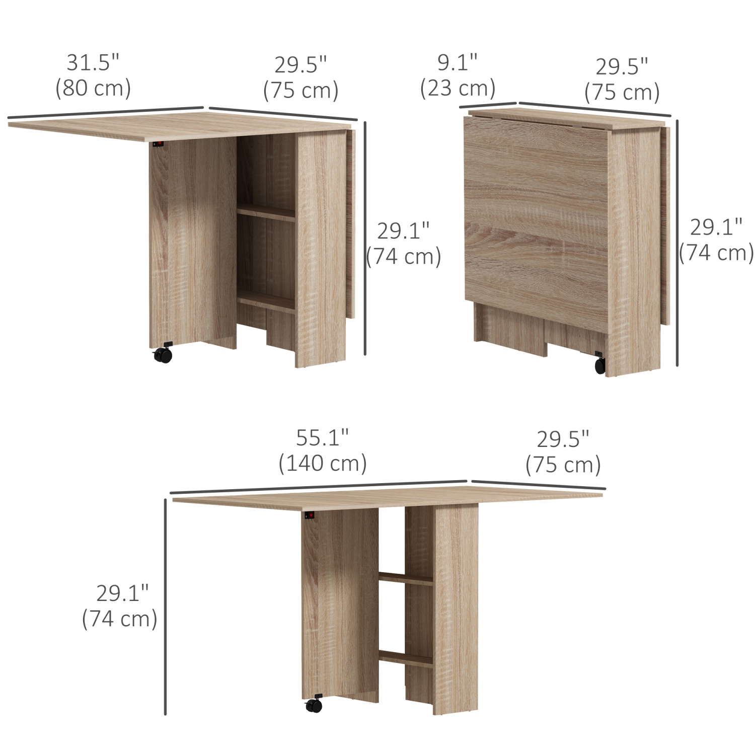 Table pliante HOMCOM, table à abattant pour petits espaces avec 2 tablettes, petite table de cuisine avec roulettes, bois naturel