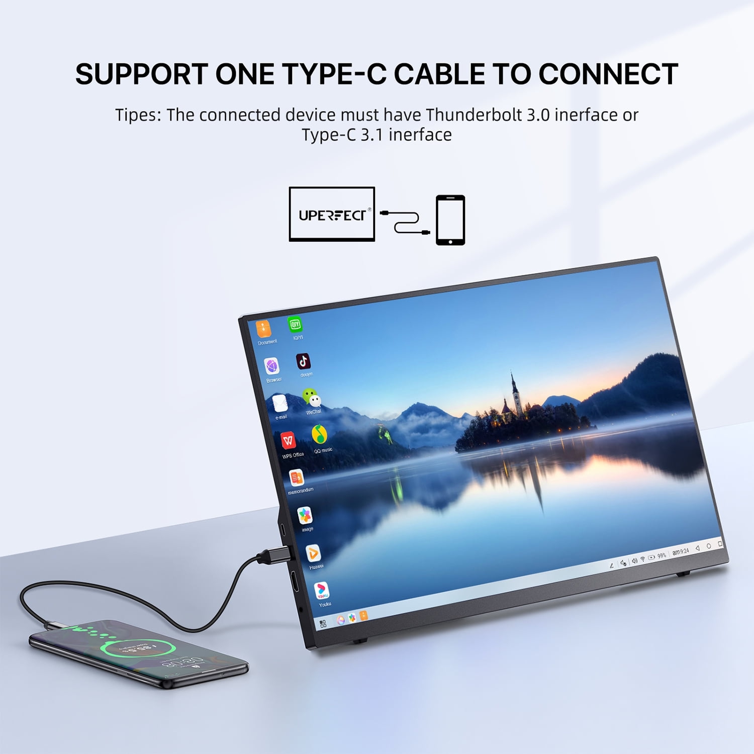 Moniteur portatif de 18,5&nbsp;po, moniteur de portable IPS HD intégrale 1080P, écran de jeu double USB-C HDMI, haut-parleurs et étui Smart Cover