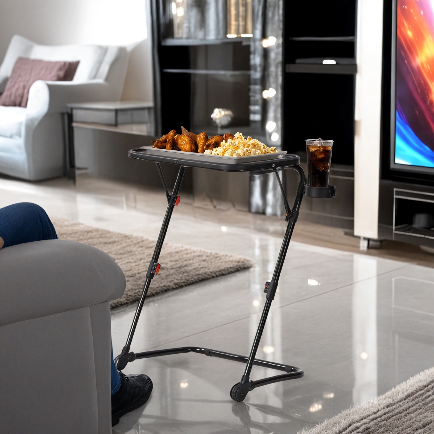 Homy Casa Foldable Black Utility Table with Cup Holder for Dining Use