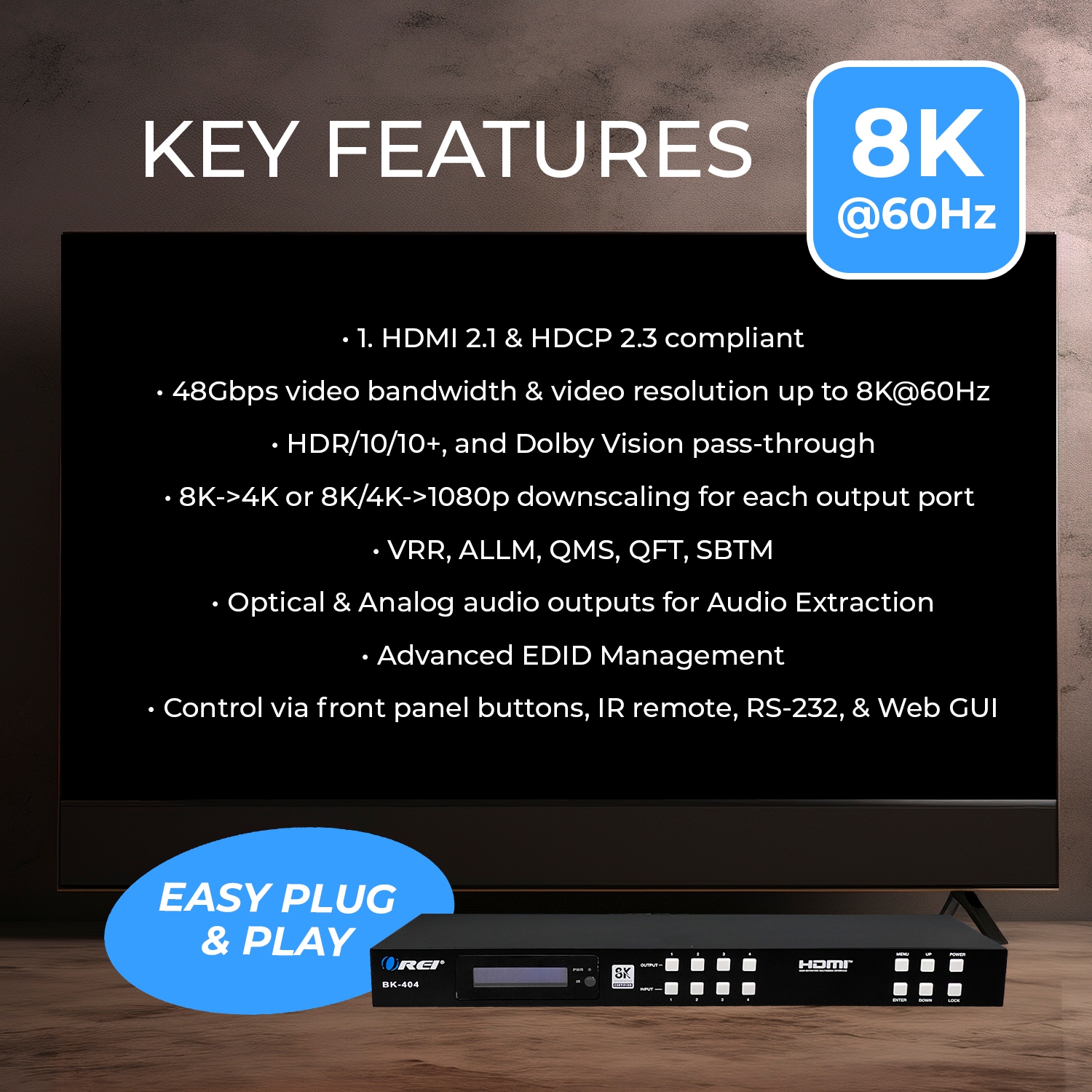 OREI 8K HDMI 4x4 Matrix Switcher with Optical/Analog Audio Extractor, 8K to 4K Downscaling