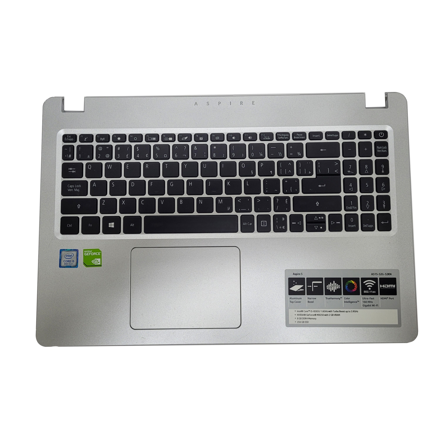 Refurbished Acer KEYBOARD W/UPPER CASE SILVER 100KS BLACK WHITE BACKLIT POWER ICON 6B.H5KN2.011