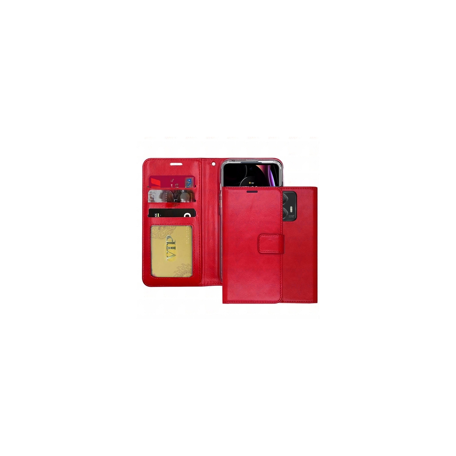 [CS] Étui portefeuille folio en cuir avec fente pour carte magnétique pour Moto Edge 2024 de Motorola, rouge