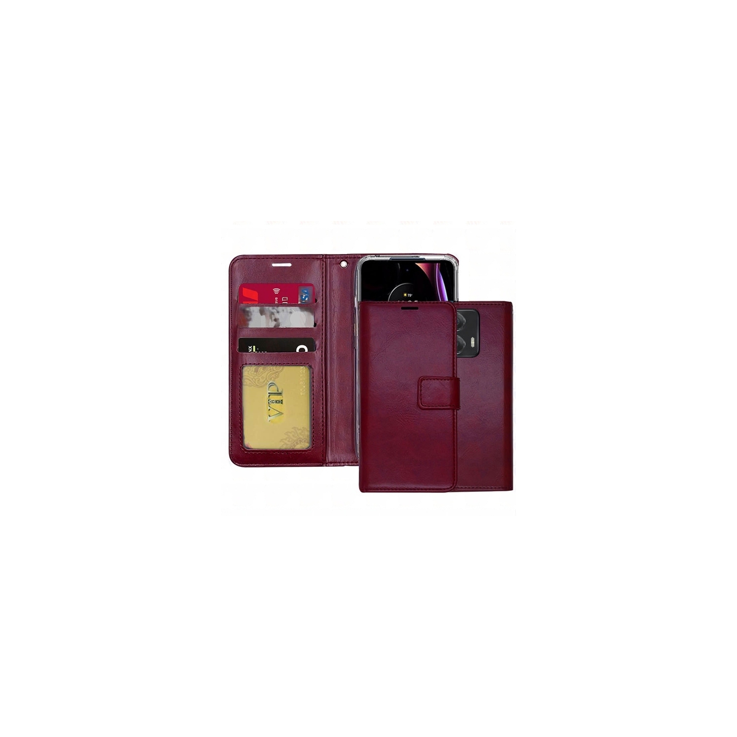 [CS] Magnetic Card Slot Leather Folio Wallet Flip Case Cover for Motorola Moto Edge 2024, Wine