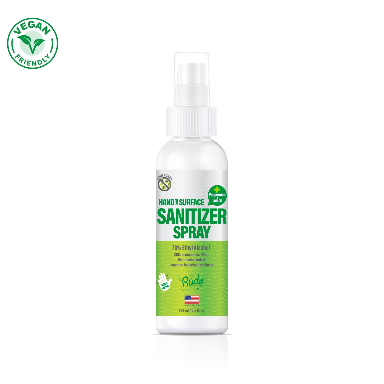 RUDE Peppermint Lemon Hand & Surface Sanitizer Spray 3.4 fl. oz / 100 mL
