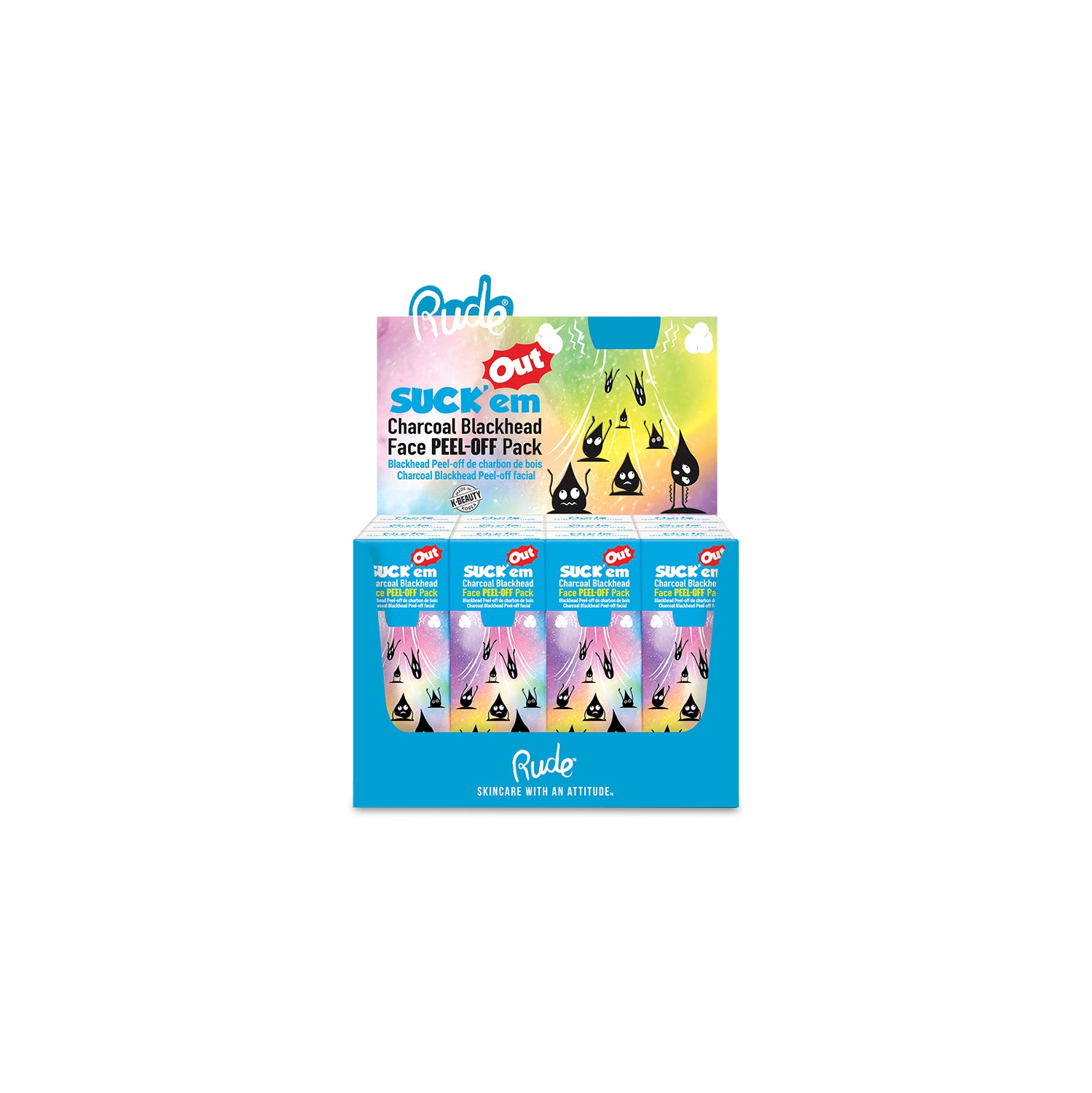 RUDE Suck'em Out Charcoal Blackhead Face Peel-off Pack Display Set, 12 Pieces