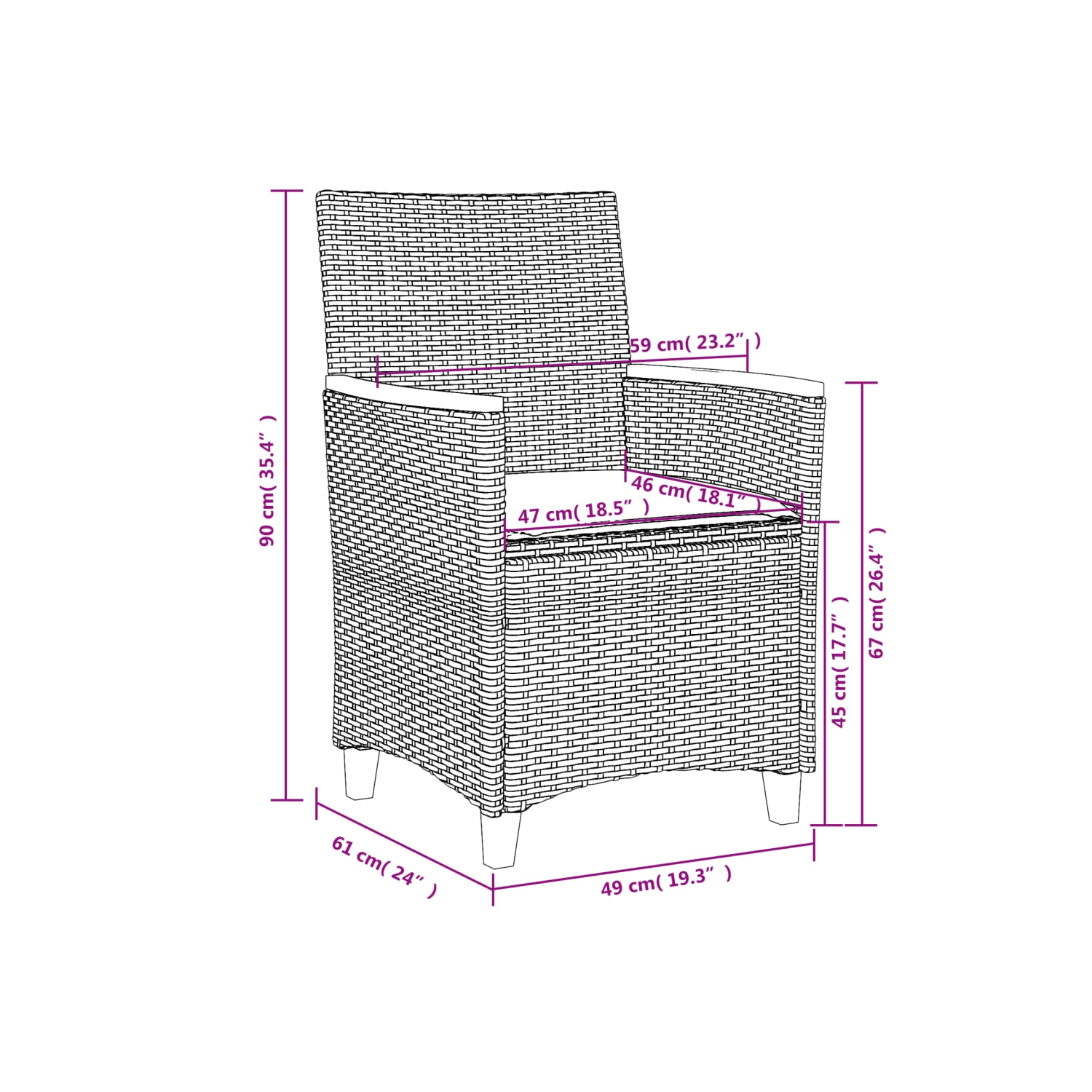 Chaises de jardin vidaXL avec coussins 2 pièces en poly rotin noir et bois massif