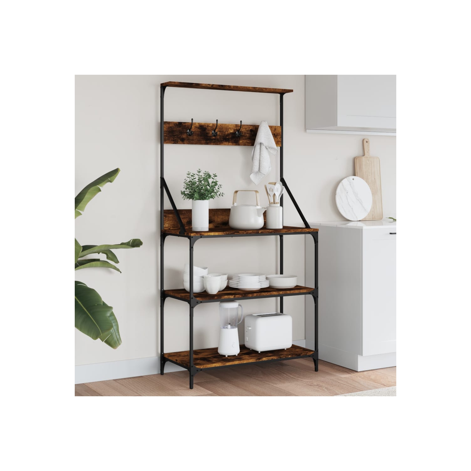 vidaXL Baker's Rack with Hooks 4-Tier Smoked Oak Engineered Wood