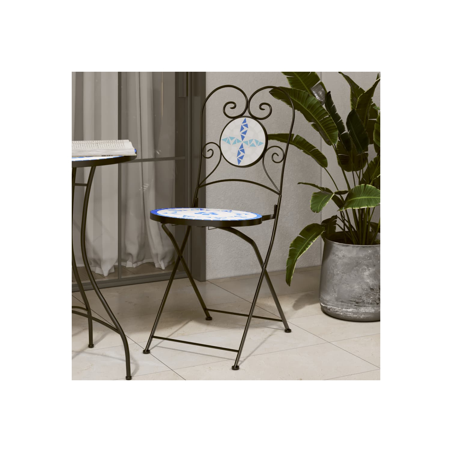 vidaXL Bistro Chairs Foldable 2 pcs Blue and White Ceramic