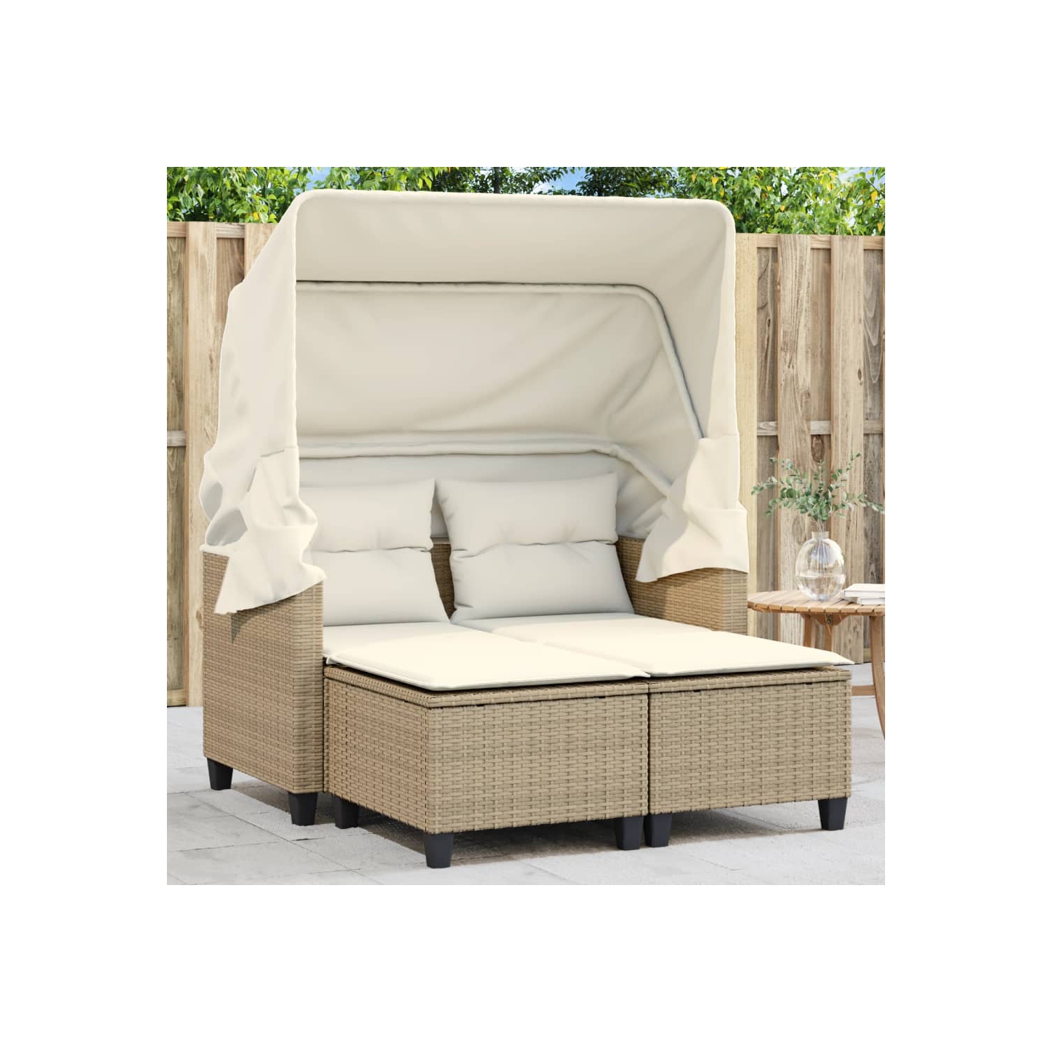 vidaXL Garden Sofa 2-Seater with Canopy and Stools Beige Poly Rattan