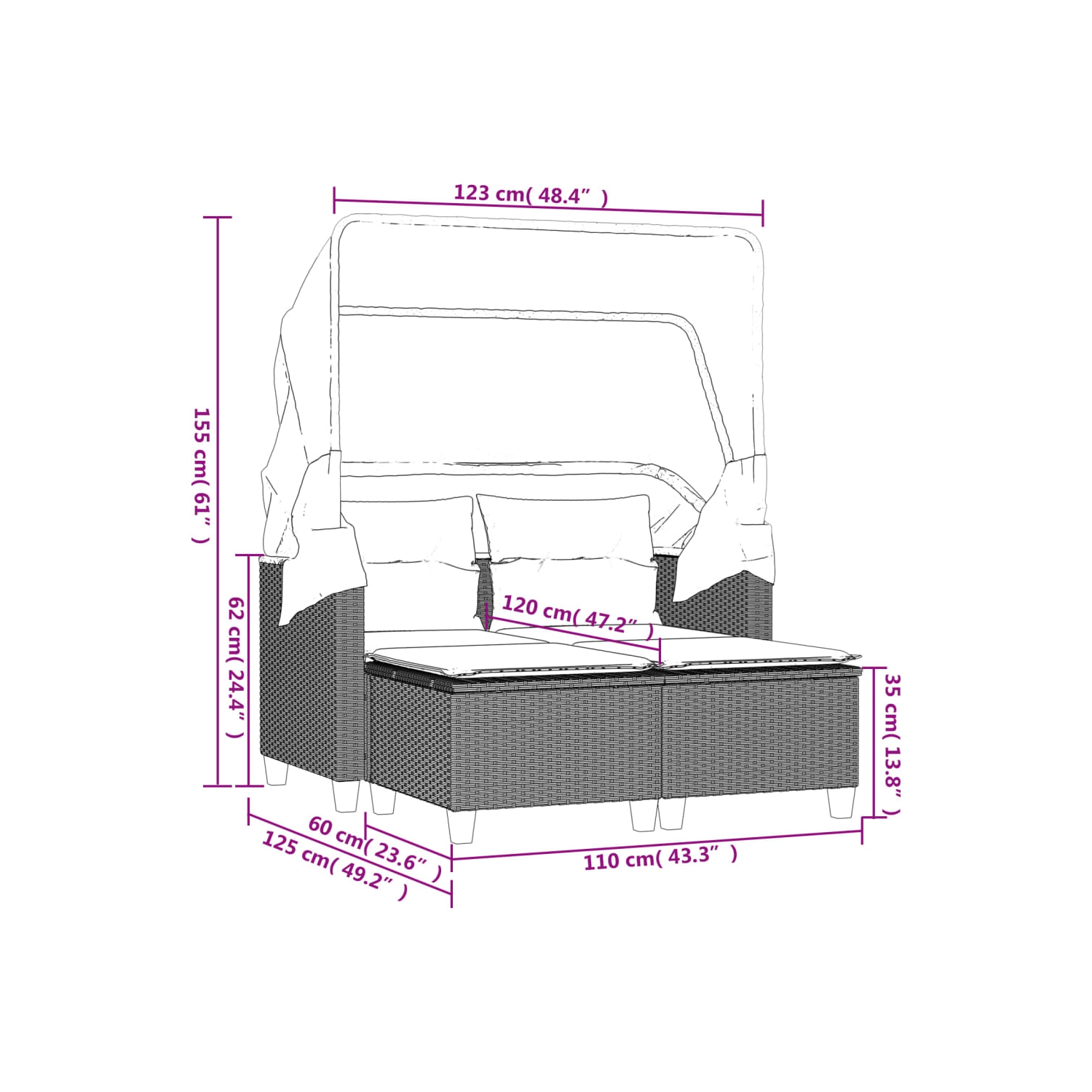 vidaXL Garden Sofa 2-Seater with Canopy and Stools Beige Poly Rattan