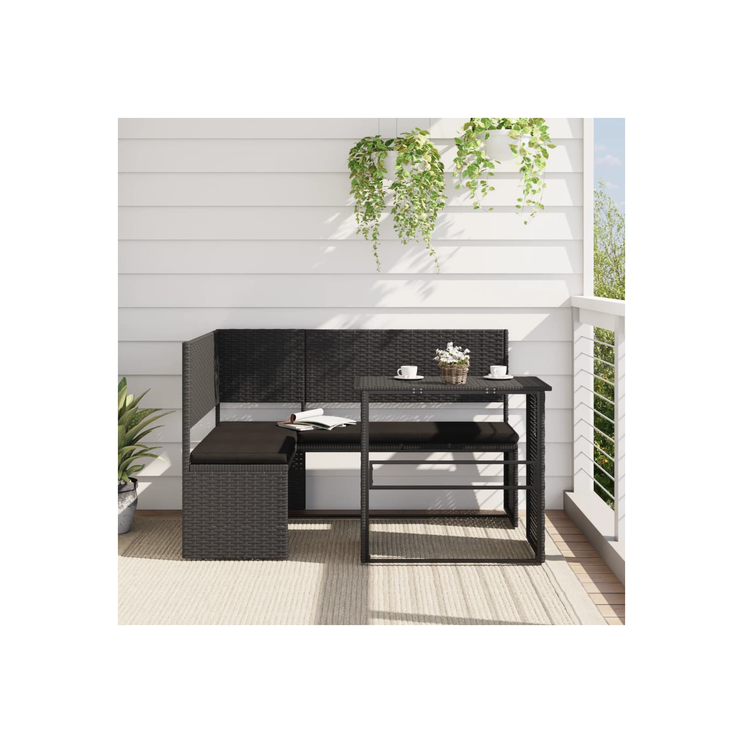 vidaXL Garden Sofa with Table and Cushions L-Shaped Black Poly Rattan