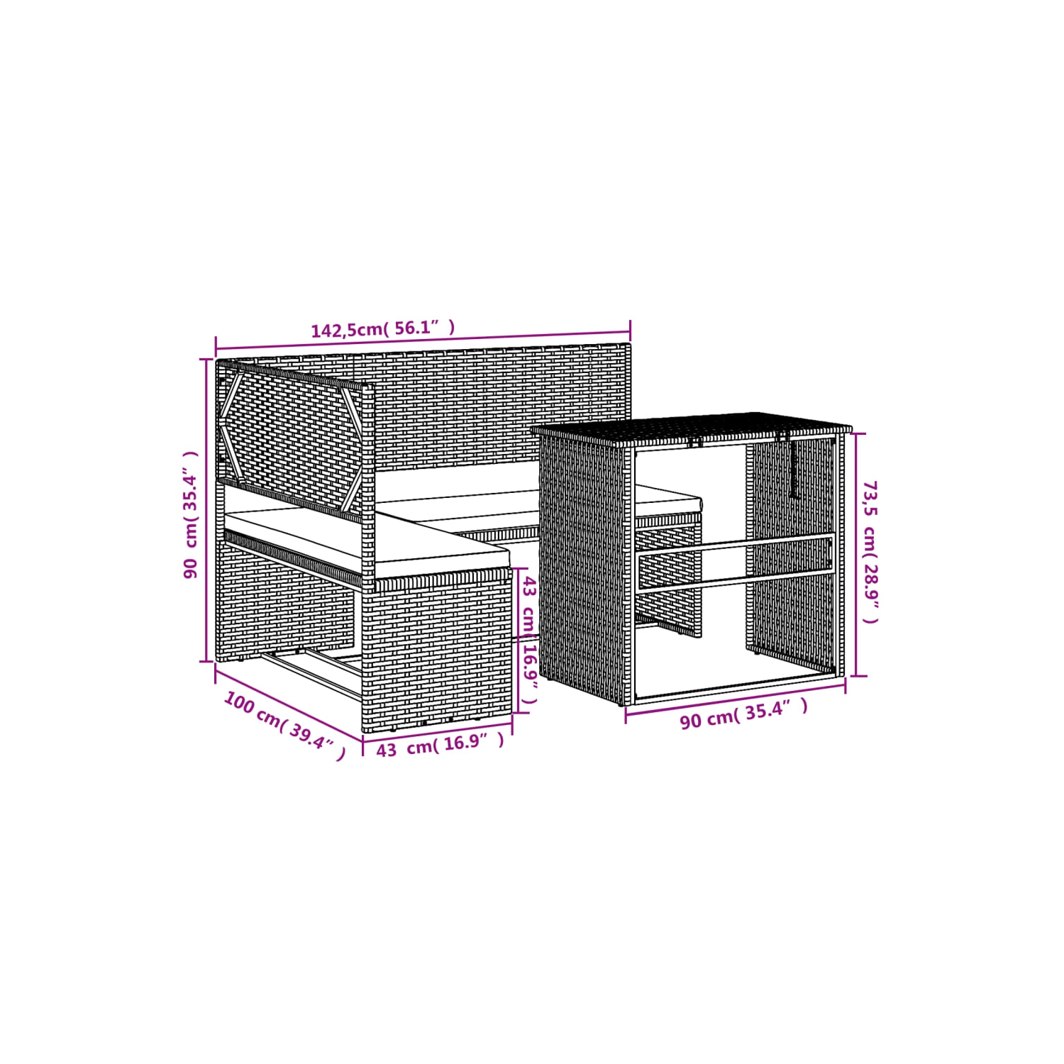 vidaXL Garden Sofa with Table and Cushions L-Shaped Black Poly Rattan