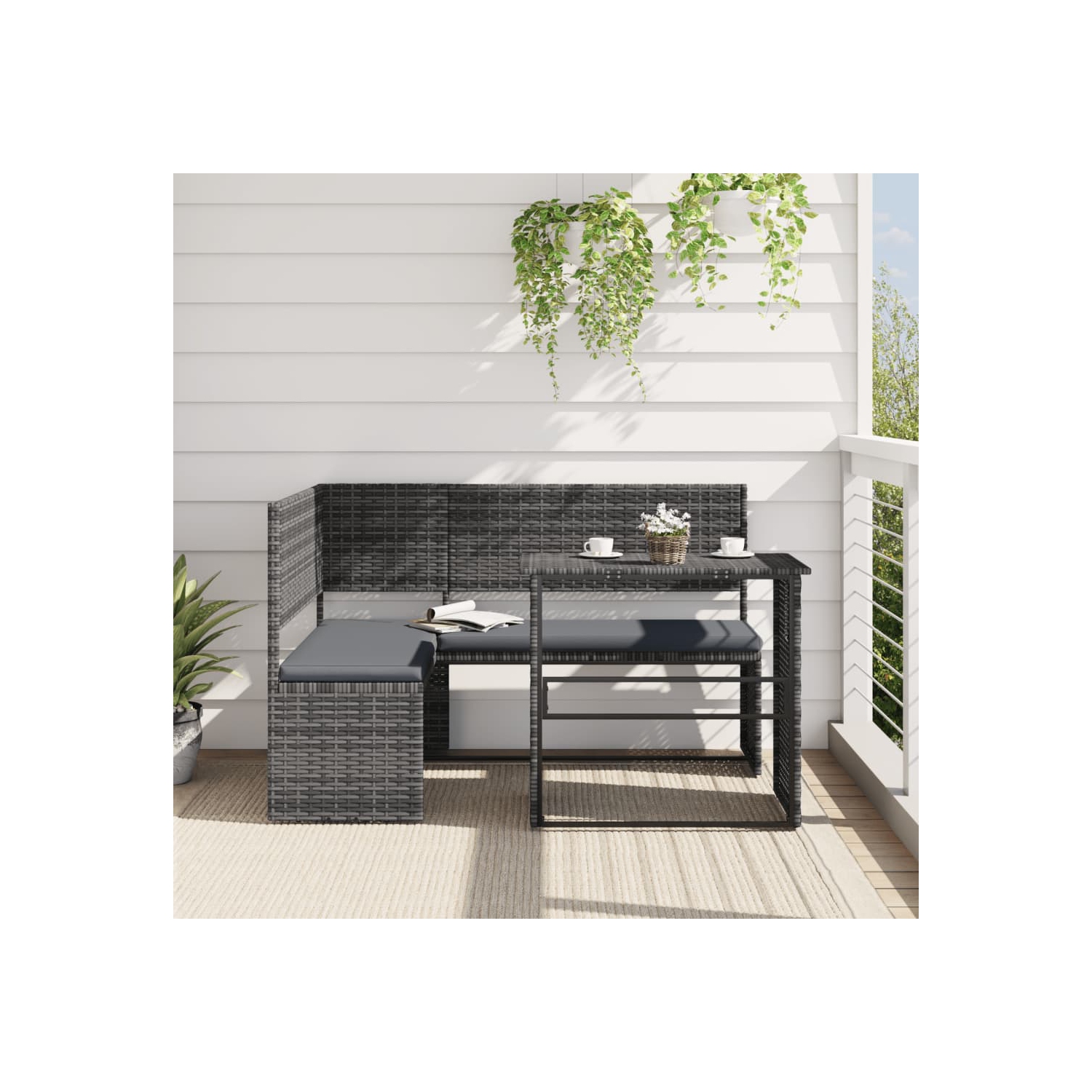 vidaXL Garden Sofa with Table and Cushions L-Shaped Grey Poly Rattan