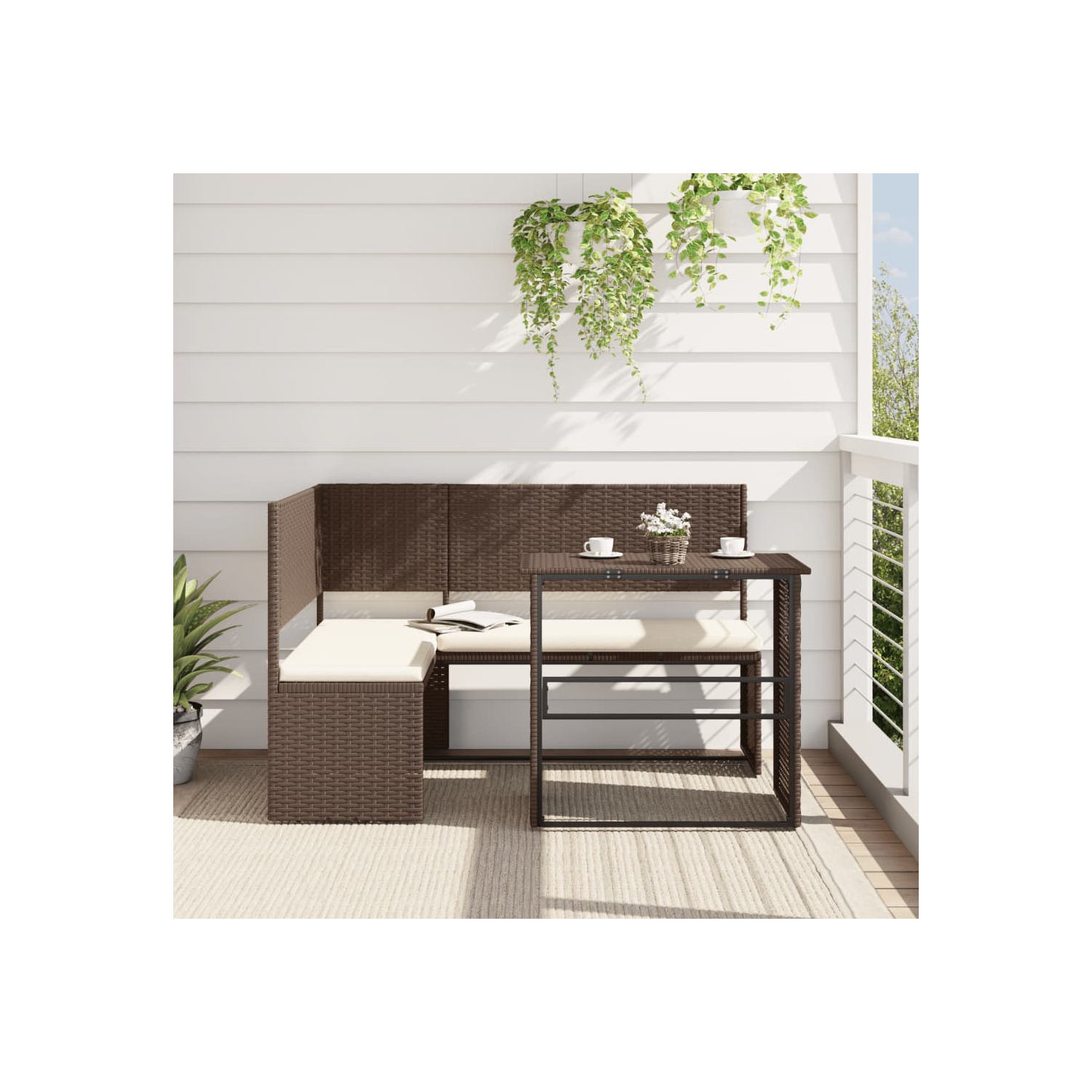 vidaXL Garden Sofa with Table and Cushions L-Shaped Brown Poly Rattan