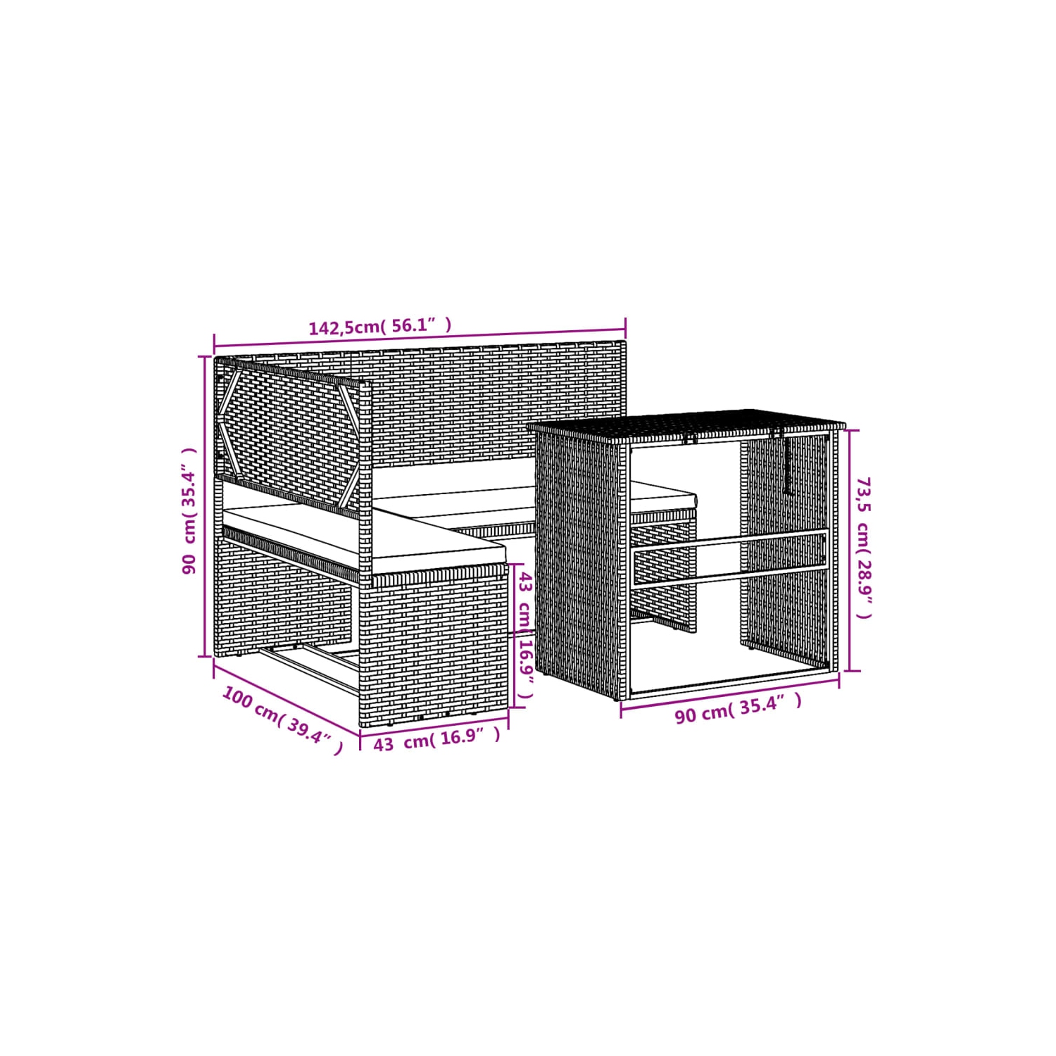 vidaXL Garden Sofa with Table and Cushions L-Shaped Brown Poly Rattan