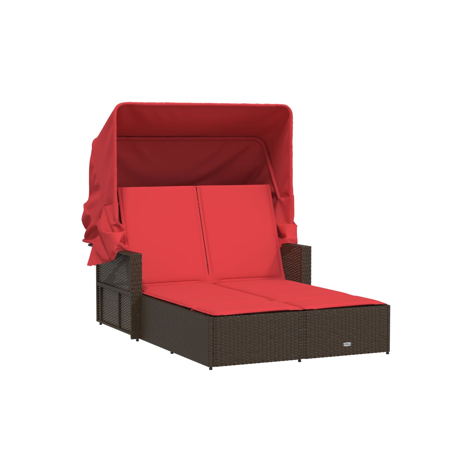 Chaise longue double soleil avec auvent et coussins en poly rotin brun