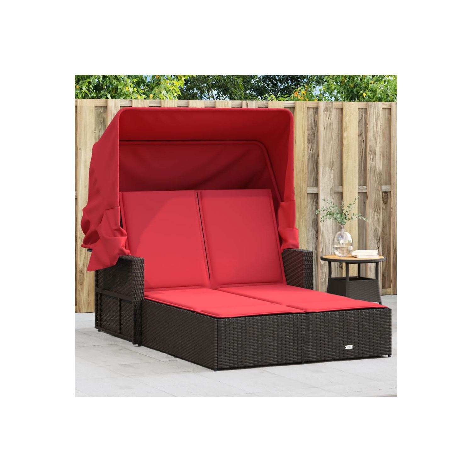 Chaise longue double soleil avec auvent et coussins en poly rotin brun