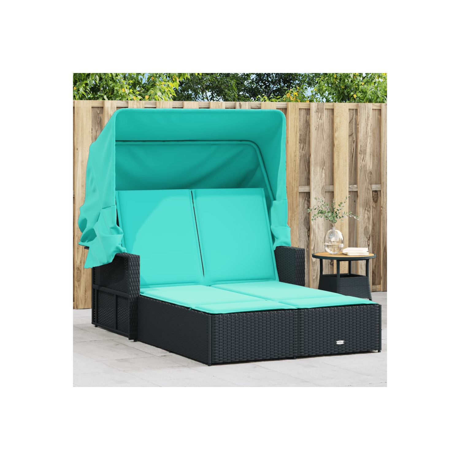 Chaise longue double soleil avec auvent et coussins en poly rotin noir de vidaXL