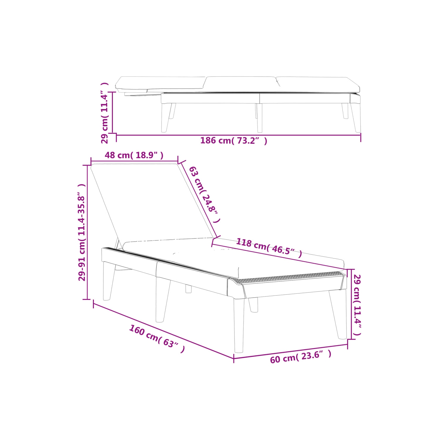 Chaise longue soleil avec coussin anthracite 186 x 60 x 29&nbsp;cm PP