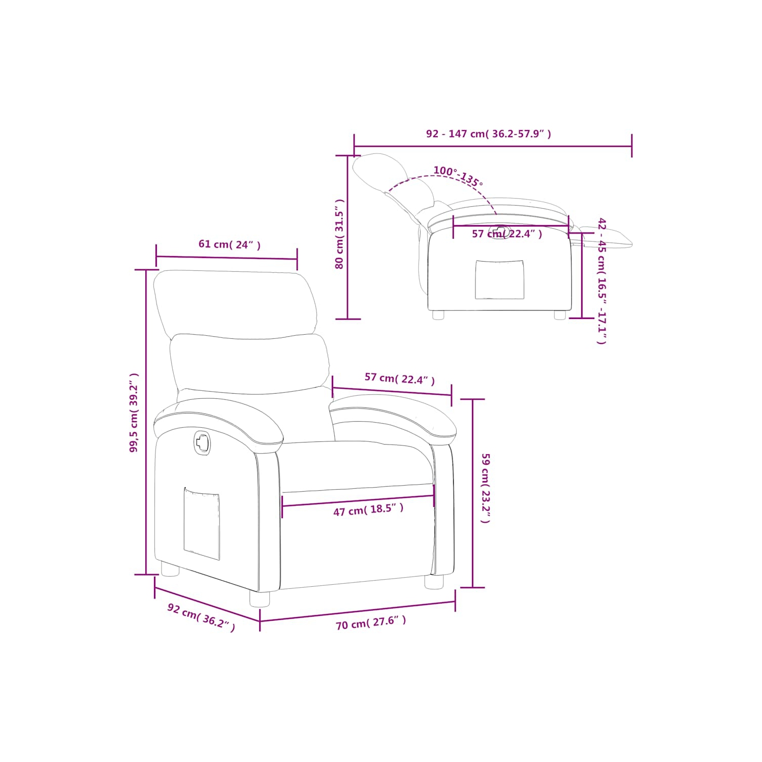 Fauteuil inclinable manuel vidaXL, dossier et repose-pieds réglables, canapé inclinable en cuir noir