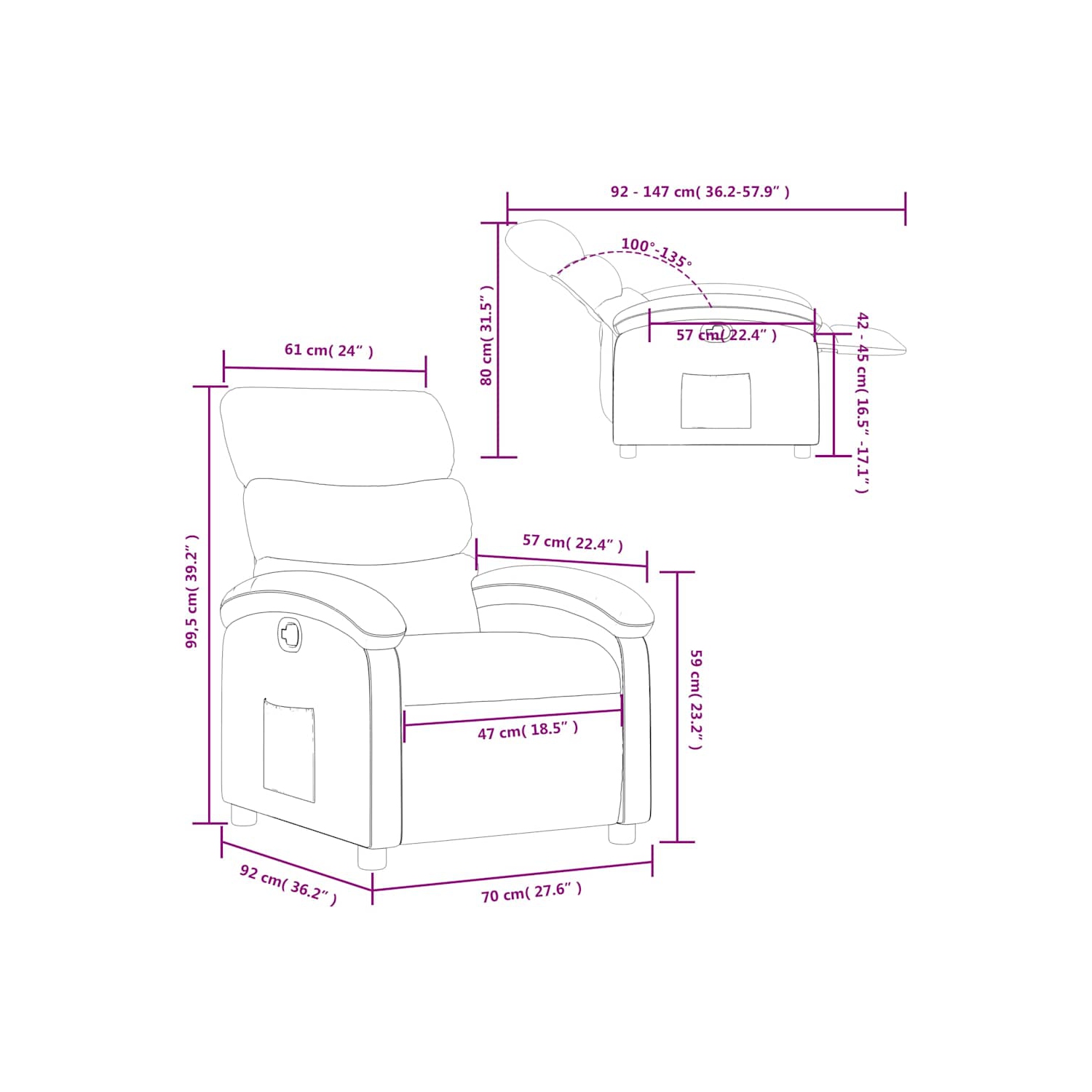 vidaXL Manual Recliner Chair, Adjustable Backrest/ Footrest, Black Fabric Reclining Sofa