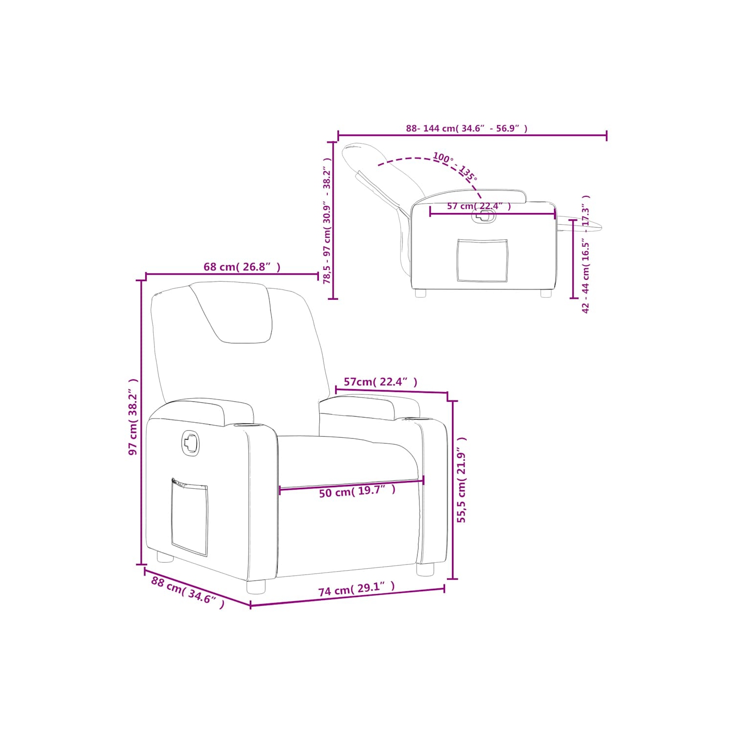 vidaXL Manual Recliner Chair, Adjustable Backrest/ Footrest, Gray Leather