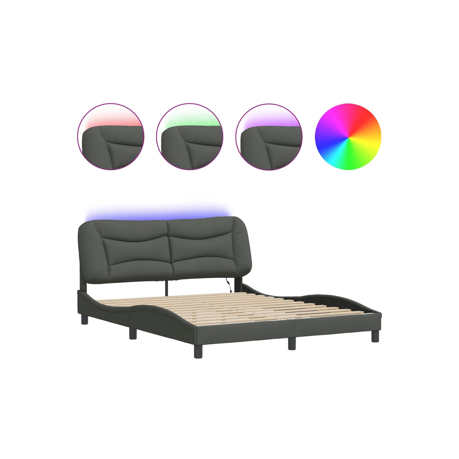 Cadre de lit vidaXL avec LED sans matelas «&nbsp;Hvar&nbsp;», tissu 203&nbsp;cm gris foncé 152 unités