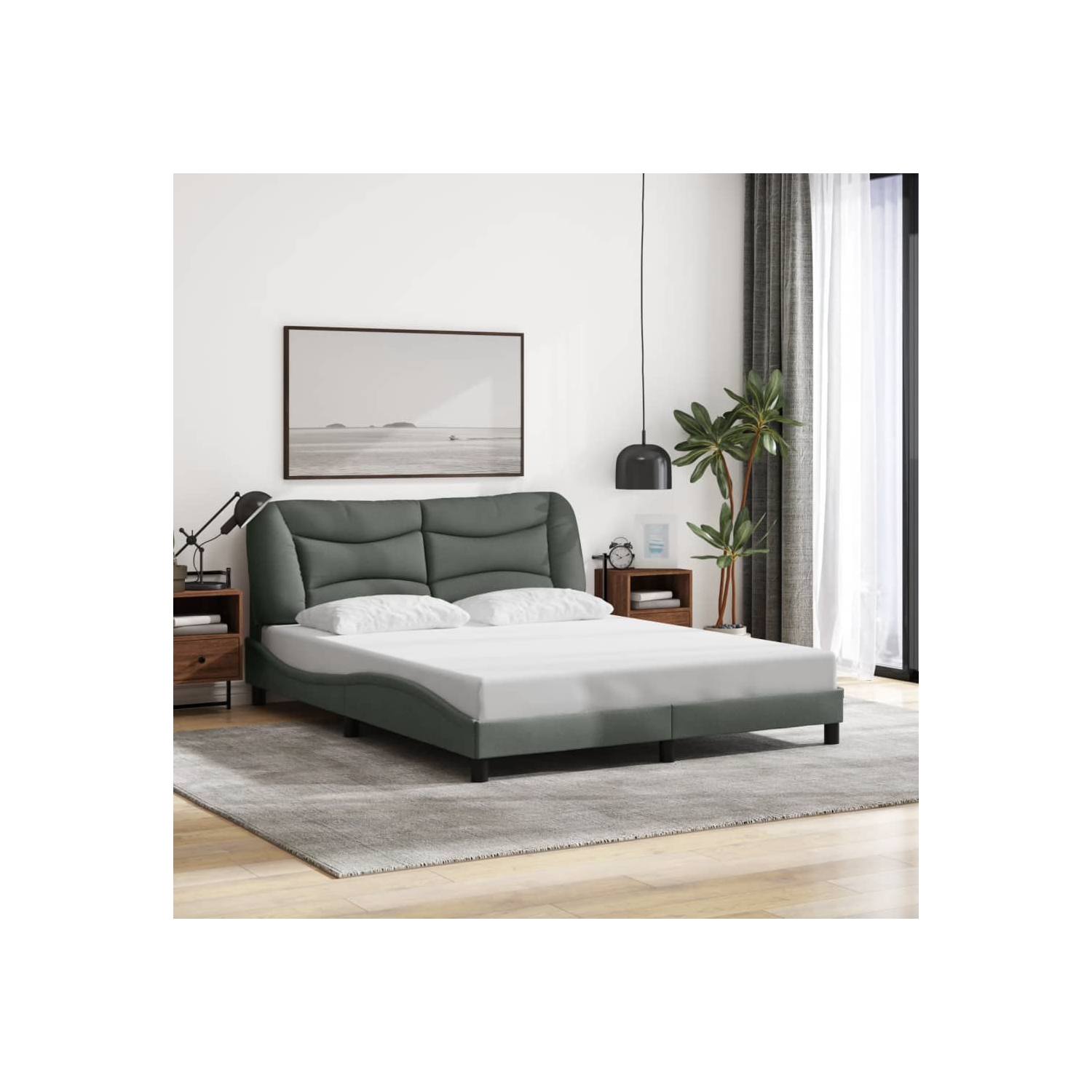 Cadre de lit vidaXL avec LED sans matelas «&nbsp;Hvar&nbsp;», tissu 203&nbsp;cm gris foncé 152 unités