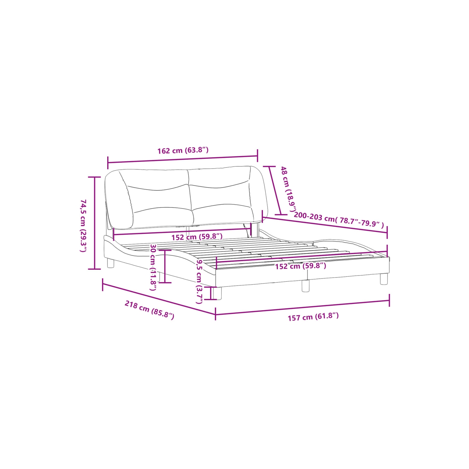 Cadre de lit vidaXL avec LED sans matelas «&nbsp;Hvar&nbsp;», tissu 203&nbsp;cm gris foncé 152 unités