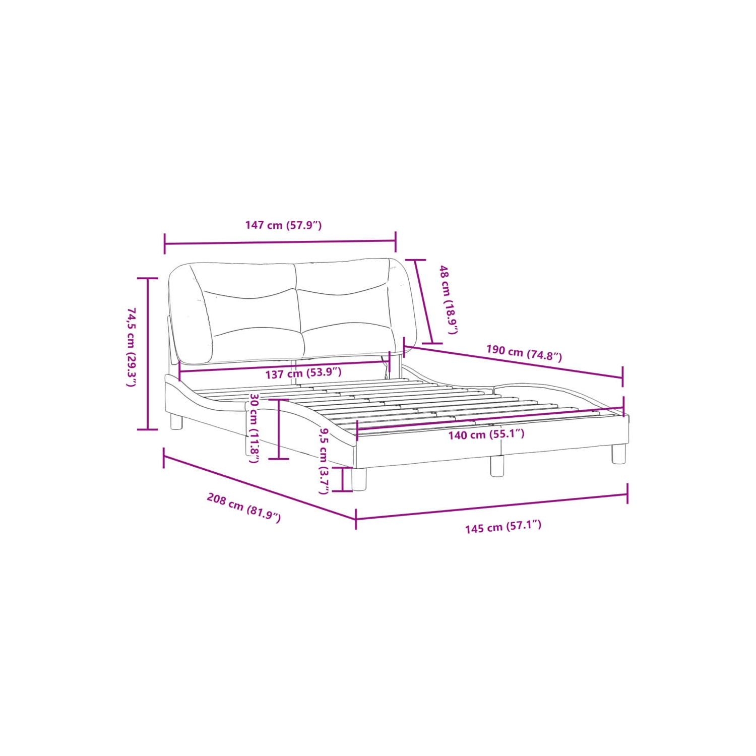 Cadre de lit vidaXL avec LED sans matelas «&nbsp;Hvar&nbsp;», tissu 190&nbsp;cm gris pâle 137 unités