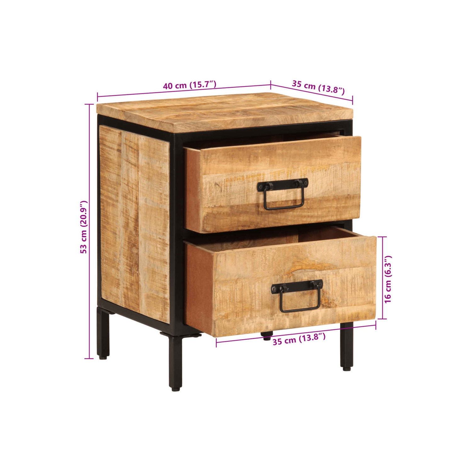 Armoire de lit à 2 tiroirs vidaXL 40 x 35 x 53 cm bois massif rugueux Mangue