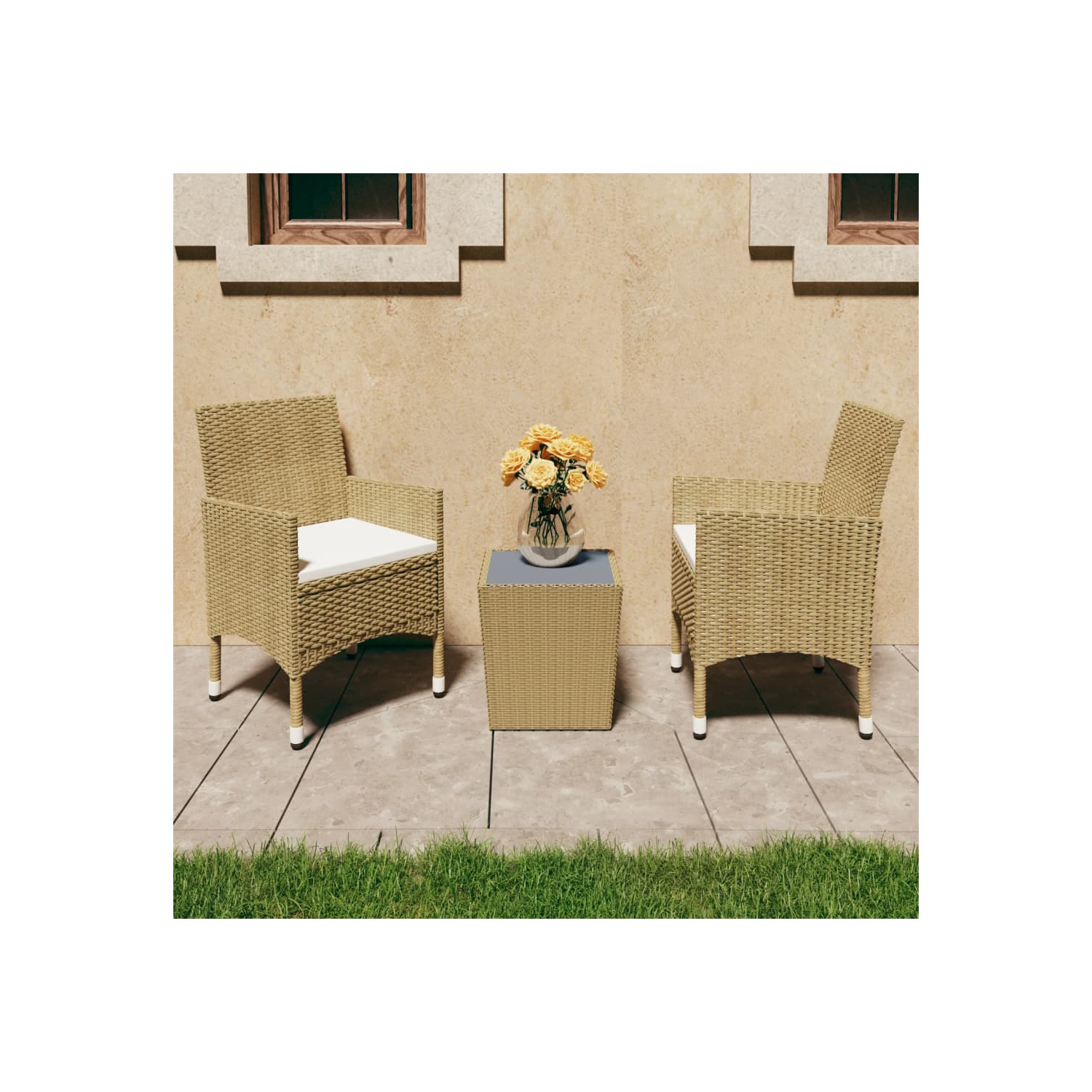 vidaXL 3 Piece Bistro Set Poly Rattan and Tempered Glass Beige