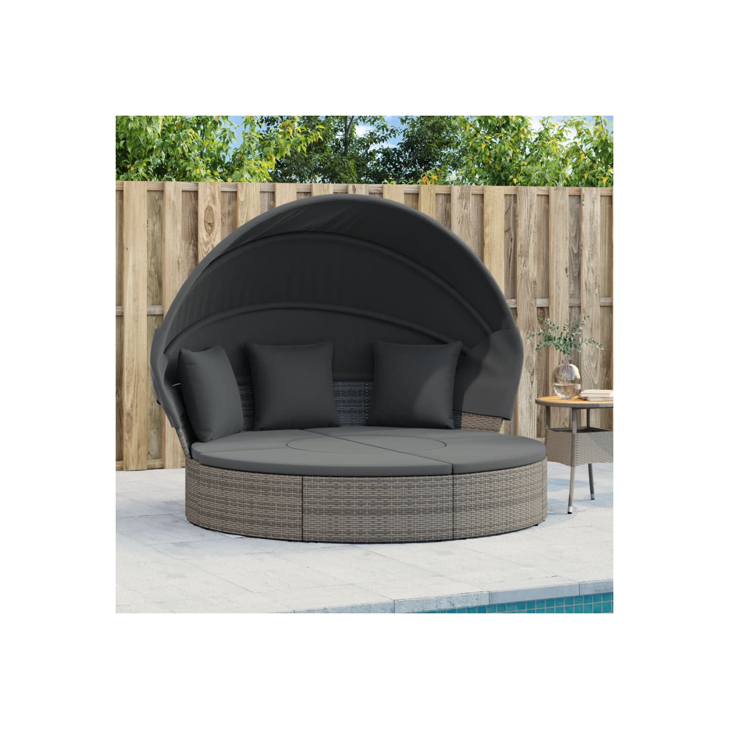 vidaXL Outdoor Lounge Bed with Canopy and Cushions Grey Poly Rattan