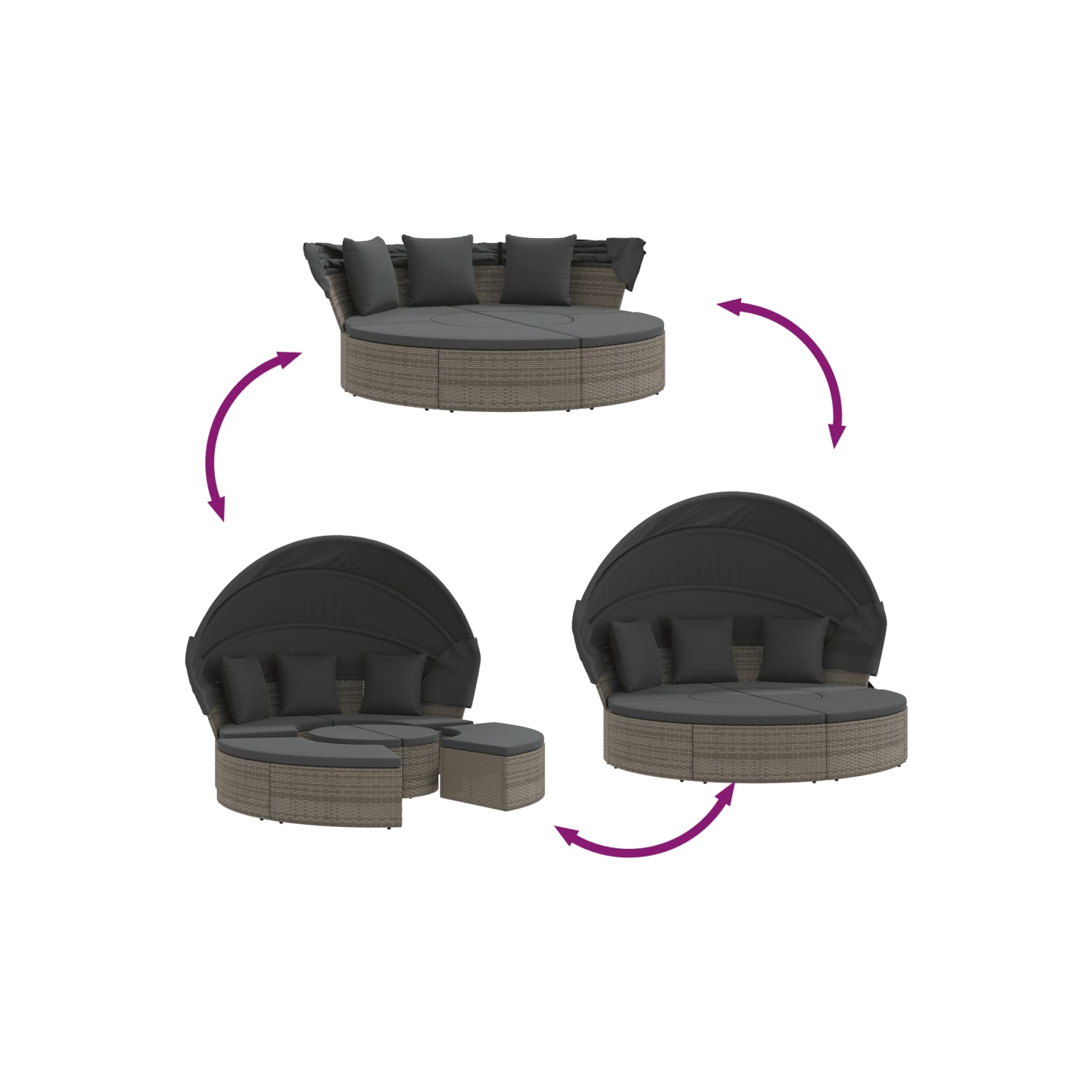 vidaXL Outdoor Lounge Bed with Canopy and Cushions Grey Poly Rattan