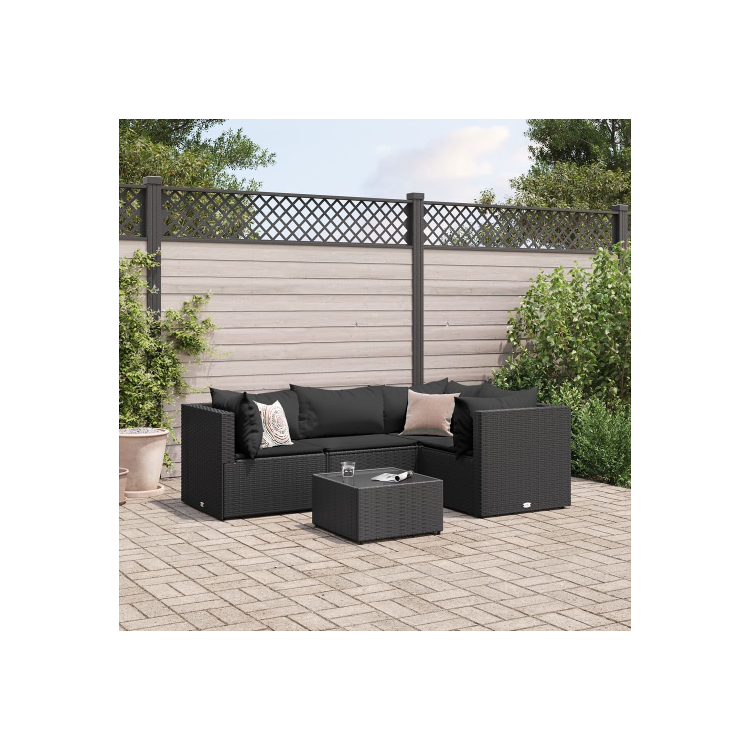vidaXL 5 Piece Garden Lounge Set with Cushions Black Poly Rattan
