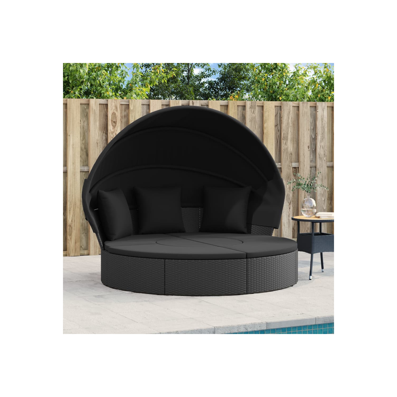 vidaXL Outdoor Lounge Bed with Canopy and Cushions Black Poly Rattan