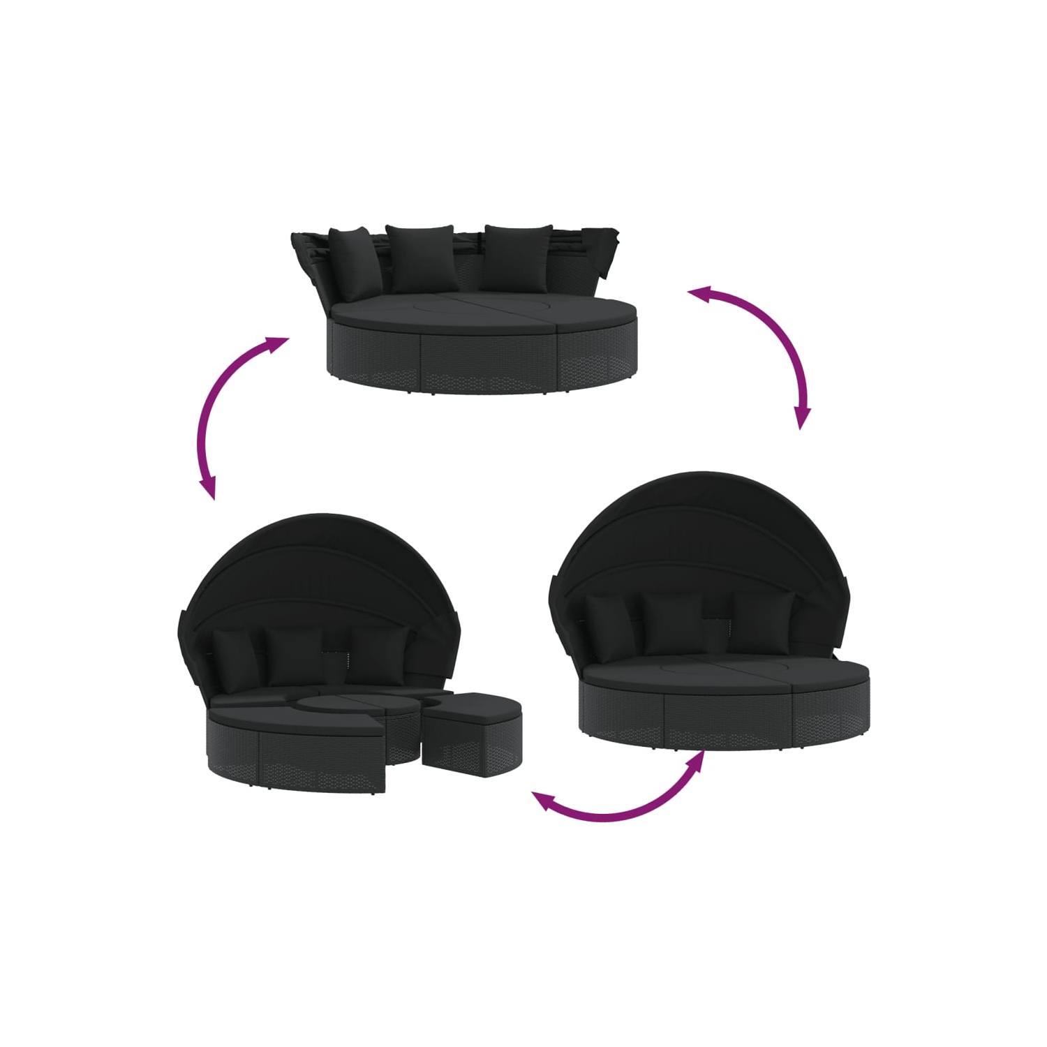 vidaXL Outdoor Lounge Bed with Canopy and Cushions Black Poly Rattan